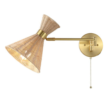 Lily 25" 1-Light Mid-Century Vintage Retro Rattan/Metal USB Charging Swing Arm LED Sconce with Pull Chain - JONATHAN Y